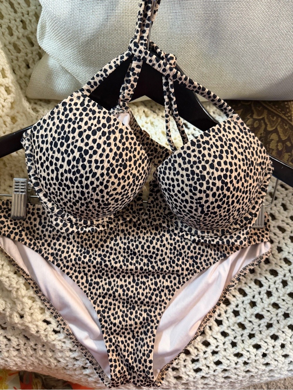 Leopard Print Padded Bikini Set - Black on Cream
